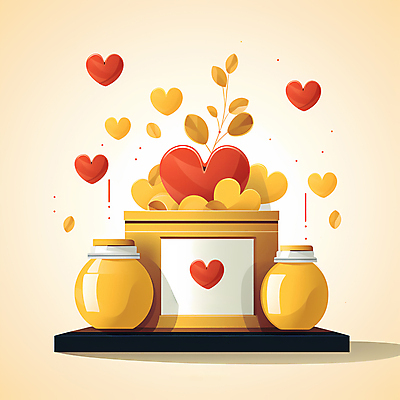 JPG 잎 일러스트 사람없음 상자 노란색 하트 병 디지털합성 기부 후원 국내일러스트 AI일러스트 AI콘텐츠 모양 식물 식기 컬러 도움 파일형식