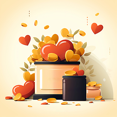 JPG 잎 일러스트 사람없음 빨간색 노란색 동전 하트 병 디지털합성 기부 후원 국내일러스트 AI일러스트 AI콘텐츠 모양 식물 식기 컬러 돈 도움 파일형식