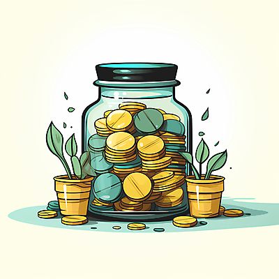 JPG 화분 일러스트 유리병 사람없음 노란색 동전 디지털합성 담기 청록색 기부 후원 국내일러스트 AI일러스트 AI콘텐츠 컬러 돈 모션 병_용기 도움 파일형식