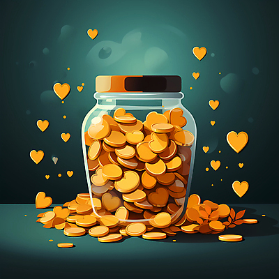 JPG 일러스트 유리병 사람없음 노란색 동전 하트 디지털합성 청록색 기부 후원 국내일러스트 AI일러스트 AI콘텐츠 모양 컬러 돈 병_용기 도움 파일형식