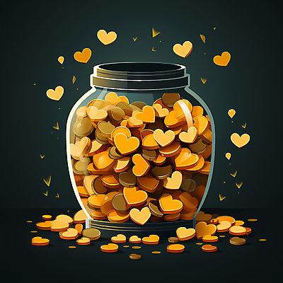 JPG 일러스트 유리병 사람없음 노란색 동전 하트 디지털합성 청록색 기부 후원 국내일러스트 AI일러스트 AI콘텐츠 모양 컬러 돈 병_용기 도움 파일형식