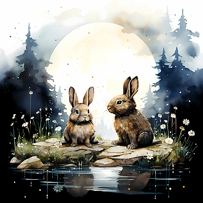 JPG 나무 꽃 두마리 일러스트 사람없음 물 반사 보름달 돌_바위 토끼 디지털합성 국내일러스트 AI일러스트 AI콘텐츠 자연요소 식물 2 포유류 반려동물 달 파일형식