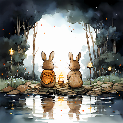 JPG 나무 두마리 일러스트 사람없음 물 반사 달 돌_바위 등불 토끼 디지털합성 국내일러스트 AI일러스트 AI콘텐츠 자연요소 식물 2 포유류 조명 반려동물 파일형식