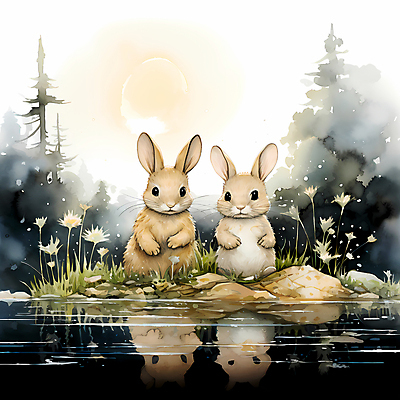 JPG 나무 꽃 두마리 일러스트 사람없음 물 반사 달 돌_바위 토끼 디지털합성 국내일러스트 AI일러스트 AI콘텐츠 자연요소 식물 2 포유류 반려동물 파일형식
