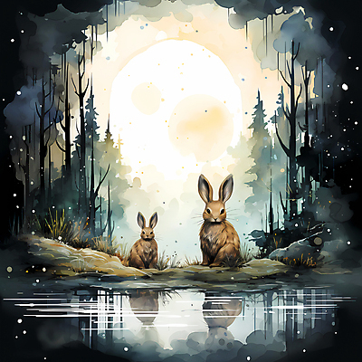 JPG 나무 두마리 일러스트 사람없음 물 반사 달 돌_바위 토끼 디지털합성 국내일러스트 AI일러스트 AI콘텐츠 자연요소 식물 2 포유류 반려동물 파일형식