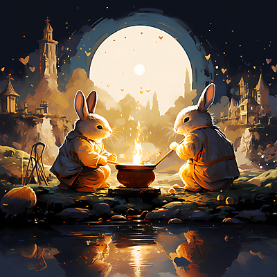 JPG 두마리 일러스트 들기 사람없음 건물 물 빛 반사 달 토끼 솥 디지털합성 국내일러스트 AI일러스트 AI콘텐츠 자연요소 건축물 2 포유류 모션 주방용품 반려동물 파일형식