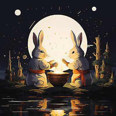 JPG 나무 두마리 일러스트 불 사람없음 물 달 토끼 디지털합성 화로 국내일러스트 AI일러스트 AI콘텐츠 자연요소 식물 그릇 2 포유류 반려동물 파일형식