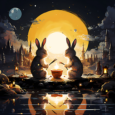 JPG 구름 두마리 일러스트 불 조명 들기 사람없음 반사 달 토끼 디지털합성 국내일러스트 AI일러스트 AI콘텐츠 자연요소 2 포유류 모션 반려동물 파일형식