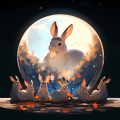 JPG 꽃 여러마리 일러스트 사람없음 달 토끼 디지털합성 국내일러스트 AI일러스트 AI콘텐츠 자연요소 식물 다수 포유류 반려동물 파일형식