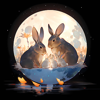 JPG 새끼 여러마리 일러스트 사람없음 달 토끼 디지털합성 국내일러스트 AI일러스트 AI콘텐츠 자연요소 동물 다수 포유류 반려동물 파일형식