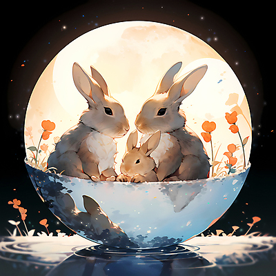 JPG 꽃 새끼 일러스트 세마리 사람없음 달 토끼 디지털합성 국내일러스트 AI일러스트 AI콘텐츠 자연요소 식물 동물 포유류 3 반려동물 파일형식