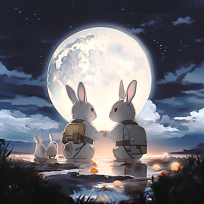 JPG 구름 두마리 일러스트 들기 사람없음 달 토끼 풀 디지털합성 국내일러스트 AI일러스트 AI콘텐츠 자연요소 식물 2 포유류 모션 반려동물 파일형식