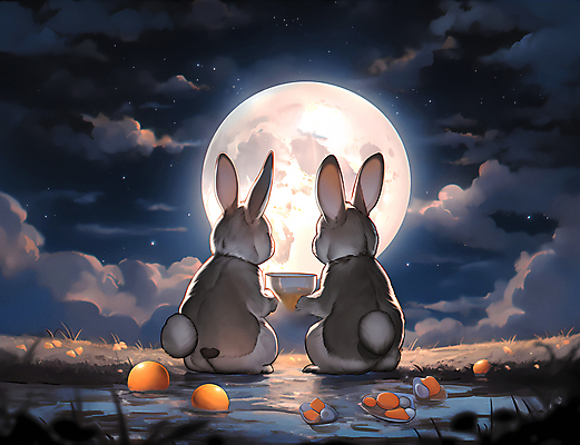 JPG 구름 두마리 일러스트 들기 사람없음 달 토끼 풀 디지털합성 국내일러스트 AI일러스트 AI콘텐츠 자연요소 식물 2 포유류 모션 반려동물 파일형식