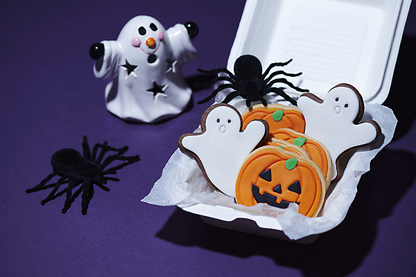 포토 계절 뷰포인트 컬러 곤충 채소 디저트 실내 상자 모형 파일형식 미니어처 포장상자 보라색 할로윈 가을 사람없음 호박 유령 거미 쿠키 스튜디오촬영 근접촬영 JPG 오브젝트 국내포토