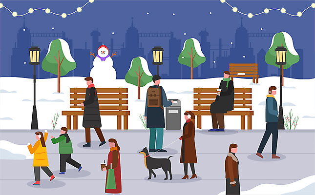 전신 나무 공원 여자 남자 어린이 겨울 가로등 벤치 일러스트 눈사람 거리 서기 들기 앉기 풍경 손짓 소녀 소년 여러명 상반신 성인 걷기 산책 쓰레기통 눈 강아지 야간 겨울옷 목줄 눈덮임 국내일러스트 AI파일 자연요소 식물 옷 계절 공공시설 다수 컨셉 의자 모션 날씨 휴식 사람 반려동물 개 파일형식 벡터 반려용품