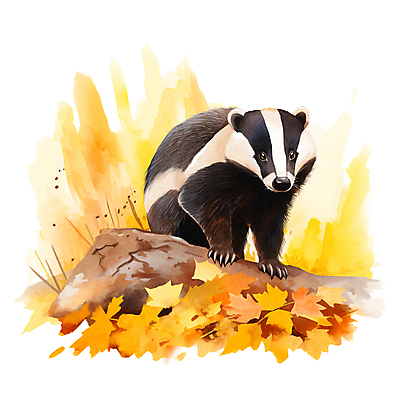 JPG 한마리 단풍 낙엽 일러스트 포유류 붓터치 수채화 사람없음 가을 통나무 번짐 오소리 국내일러스트 AI일러스트 AI콘텐츠 나무 동물 1 계절 잎 파일형식 효과