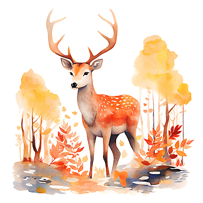 JPG 한마리 단풍 낙엽 일러스트 붓터치 사슴 수채화 사람없음 가을 번짐 은행나무 국내일러스트 AI일러스트 AI콘텐츠 나무 1 계절 잎 포유류 파일형식 효과