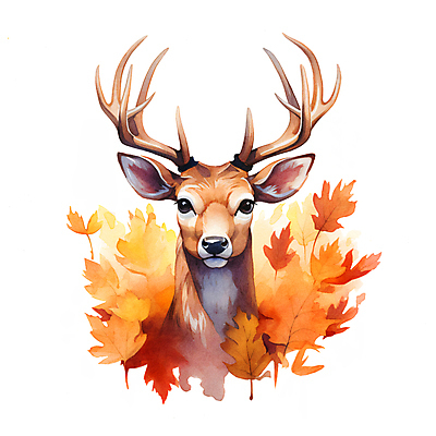 JPG 한마리 단풍 낙엽 일러스트 붓터치 사슴 수채화 사람없음 갈색 가을 번짐 사슴뿔 국내일러스트 AI일러스트 AI콘텐츠 1 계절 컬러 잎 포유류 뿔 파일형식 효과