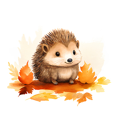 JPG 한마리 단풍 낙엽 일러스트 붓터치 수채화 사람없음 갈색 가을 번짐 고슴도치 국내일러스트 AI일러스트 AI콘텐츠 1 계절 컬러 잎 포유류 파일형식 효과