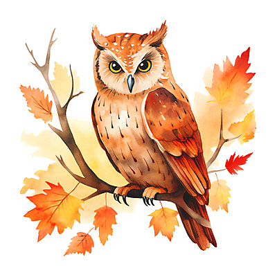 JPG 한마리 단풍 낙엽 일러스트 붓터치 수채화 사람없음 갈색 가을 나뭇가지 번짐 부엉이 국내일러스트 AI일러스트 AI콘텐츠 나무 1 계절 컬러 잎 조류 파일형식 효과