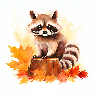 JPG 한마리 단풍 낙엽 일러스트 붓터치 수채화 사람없음 가을 번짐 나무밑둥 라쿤 국내일러스트 AI일러스트 AI콘텐츠 나무 1 계절 잎 너구리 파일형식 효과