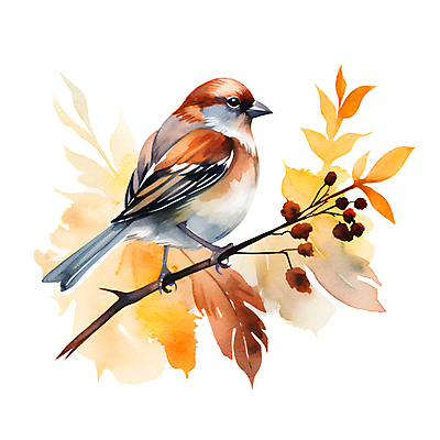 JPG 한마리 열매 단풍 낙엽 일러스트 붓터치 수채화 사람없음 갈색 가을 나뭇가지 번짐 참새 국내일러스트 AI일러스트 AI콘텐츠 나무 식물 1 계절 컬러 잎 조류 파일형식 효과