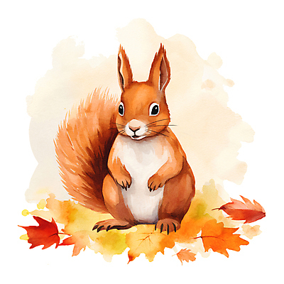 JPG 한마리 단풍 낙엽 일러스트 붓터치 수채화 사람없음 갈색 가을 다람쥐 번짐 청설모 국내일러스트 AI일러스트 AI콘텐츠 1 계절 컬러 잎 설치류 파일형식 효과