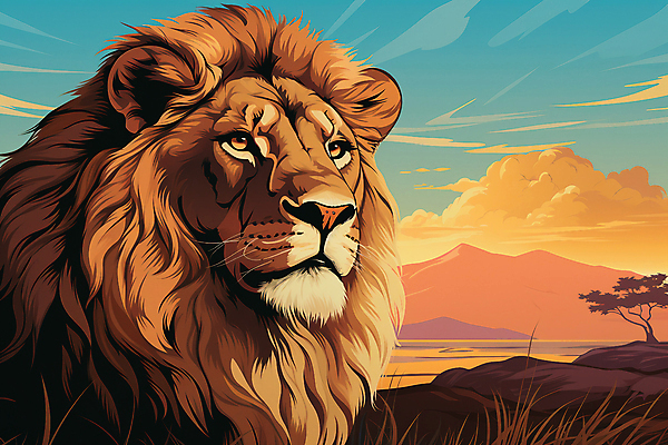 JPG 나무 구름 한마리 일러스트 자연 하늘 산 국립공원 풍경 초원 사람없음 야외 일몰 풀 사자 숫사자 세렝게티 국내일러스트 AI일러스트 AI콘텐츠 자연요소 식물 1 공원 포유류 노을 수컷 생태계 파일형식