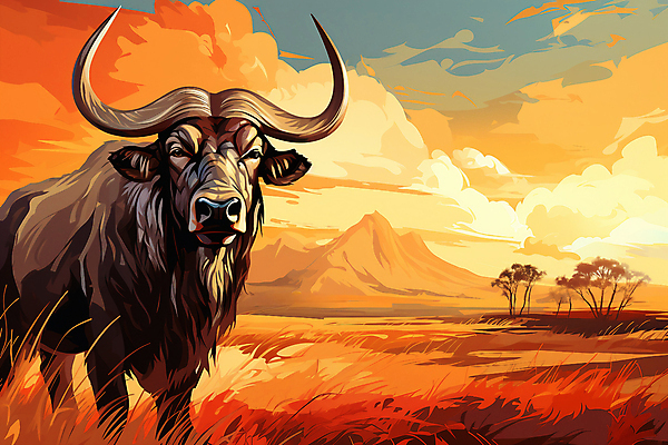 JPG 구름 한마리 일러스트 자연 하늘 산 국립공원 풍경 초원 사람없음 야외 일몰 풀 들소 세렝게티 국내일러스트 AI일러스트 AI콘텐츠 자연요소 식물 1 공원 노을 소 생태계 파일형식