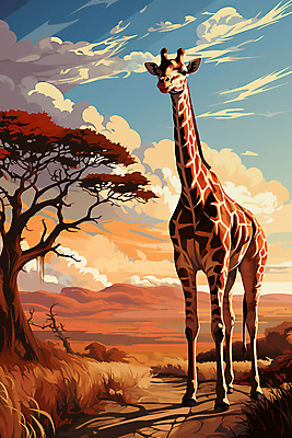 JPG 나무 구름 한마리 일러스트 자연 하늘 산 국립공원 풍경 초원 사람없음 야외 일몰 풀 기린 세렝게티 국내일러스트 AI일러스트 AI콘텐츠 자연요소 식물 1 공원 포유류 노을 생태계 파일형식