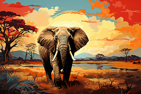 JPG 나무 구름 한마리 일러스트 자연 하늘 코끼리 산 국립공원 풍경 초원 사람없음 야외 일몰 풀 세렝게티 국내일러스트 AI일러스트 AI콘텐츠 자연요소 식물 1 공원 포유류 노을 생태계 파일형식