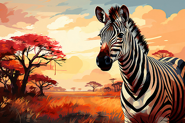 JPG 나무 구름 한마리 일러스트 자연 하늘 국립공원 풍경 초원 사람없음 야외 일몰 풀 얼룩말 세렝게티 국내일러스트 AI일러스트 AI콘텐츠 자연요소 식물 1 공원 노을 말_동물 생태계 파일형식