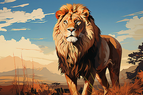 JPG 나무 구름 한마리 일러스트 자연 하늘 산 국립공원 풍경 초원 사람없음 야외 일몰 풀 사자 숫사자 세렝게티 국내일러스트 AI일러스트 AI콘텐츠 자연요소 식물 1 공원 포유류 노을 수컷 생태계 파일형식