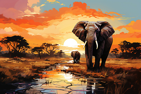 JPG 나무 구름 길 새끼 두마리 일러스트 자연 하늘 코끼리 국립공원 풍경 잔디 초원 사람없음 야외 일몰 세렝게티 국내일러스트 AI일러스트 AI콘텐츠 자연요소 식물 동물 공원 2 포유류 노을 생태계 파일형식