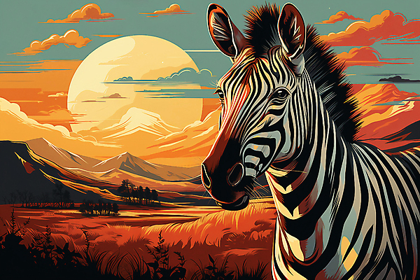 JPG 나무 구름 한마리 일러스트 자연 하늘 산 국립공원 풍경 초원 사람없음 야외 태양 일몰 얼룩말 세렝게티 국내일러스트 AI일러스트 AI콘텐츠 자연요소 식물 1 공원 노을 말_동물 생태계 파일형식