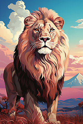 JPG 구름 한마리 일러스트 자연 하늘 산 국립공원 풍경 초원 사람없음 야외 일몰 풀 사자 숫사자 세렝게티 국내일러스트 AI일러스트 AI콘텐츠 자연요소 식물 1 공원 포유류 노을 수컷 생태계 파일형식