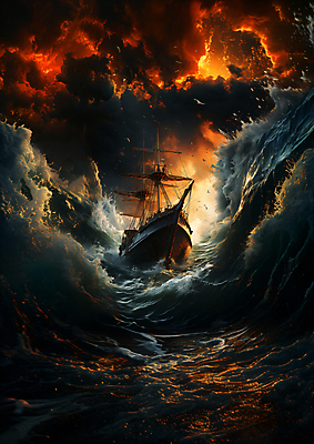 JPG 편집이미지 물결 파도 불꽃 항해 사람없음 어둠 자연재해 태풍 불씨 험난 선박 편집실사 AI컴퓨터그래픽 AI콘텐츠 바다 컨셉 수상교통 배_교통 불 CG 재해 파일형식