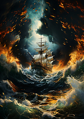 JPG 구름 편집이미지 물결 파도 불꽃 항해 사람없음 어둠 자연재해 태풍 불씨 험난 선박 편집실사 AI컴퓨터그래픽 AI콘텐츠 자연요소 바다 컨셉 수상교통 배_교통 불 CG 재해 파일형식