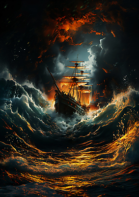 JPG 구름 편집이미지 물결 파도 불꽃 항해 사람없음 어둠 자연재해 태풍 불씨 험난 선박 편집실사 AI컴퓨터그래픽 AI콘텐츠 자연요소 바다 컨셉 수상교통 배_교통 불 CG 재해 파일형식