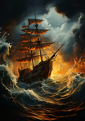 JPG 구름 편집이미지 물결 파도 불꽃 항해 사람없음 어둠 자연재해 태풍 불씨 험난 선박 편집실사 AI컴퓨터그래픽 AI콘텐츠 자연요소 바다 컨셉 수상교통 배_교통 불 CG 재해 파일형식