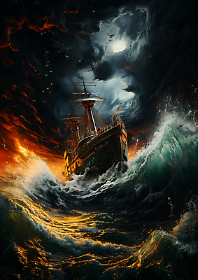 JPG 구름 편집이미지 물결 파도 불꽃 항해 사람없음 어둠 달 자연재해 태풍 불씨 험난 선박 편집실사 AI컴퓨터그래픽 AI콘텐츠 자연요소 바다 컨셉 수상교통 배_교통 불 CG 재해 파일형식