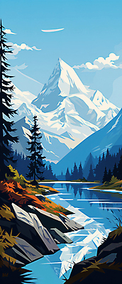 JPG 나무 구름 백그라운드 일러스트 자연 하늘 산 풍경 사람없음 파란색 강 바위 풀 국내일러스트 AI일러스트 AI콘텐츠 자연요소 식물 컬러 돌_바위 생태계 파일형식