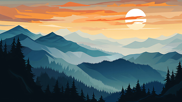 JPG 나무 구름 백그라운드 일러스트 자연 하늘 산 풍경 사람없음 태양 일몰 산등성이 국내일러스트 AI일러스트 AI콘텐츠 자연요소 식물 노을 생태계 파일형식