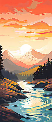 JPG 나무 구름 백그라운드 일러스트 자연 하늘 산 풍경 사람없음 강 태양 일몰 국내일러스트 AI일러스트 AI콘텐츠 자연요소 식물 노을 생태계 파일형식