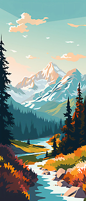 JPG 나무 구름 백그라운드 일러스트 자연 하늘 산 풍경 사람없음 강 바위 풀 국내일러스트 AI일러스트 AI콘텐츠 자연요소 식물 돌_바위 생태계 파일형식