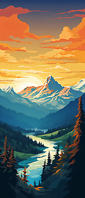 JPG 나무 구름 백그라운드 일러스트 자연 하늘 산 풍경 사람없음 강 태양 일몰 국내일러스트 AI일러스트 AI콘텐츠 자연요소 식물 노을 생태계 파일형식