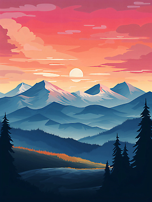 JPG 나무 구름 백그라운드 일러스트 자연 하늘 산 풍경 사람없음 태양 일몰 국내일러스트 AI일러스트 AI콘텐츠 자연요소 식물 노을 생태계 파일형식