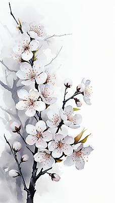 JPG 백그라운드 잎 일러스트 붓터치 수채화 수묵화 사람없음 흰색 나뭇가지 꽃봉오리 매화 번짐 국내일러스트 AI일러스트 AI콘텐츠 나무 식물 꽃 컬러 미술 파일형식 효과