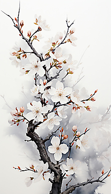 JPG 백그라운드 일러스트 붓터치 수채화 수묵화 사람없음 흰색 나뭇가지 꽃봉오리 매화 번짐 국내일러스트 AI일러스트 AI콘텐츠 나무 꽃 컬러 미술 파일형식 효과