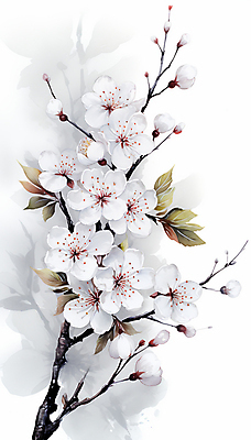 JPG 백그라운드 잎 일러스트 붓터치 수채화 수묵화 사람없음 흰색 나뭇가지 꽃봉오리 매화 번짐 국내일러스트 AI일러스트 AI콘텐츠 나무 식물 꽃 컬러 미술 파일형식 효과
